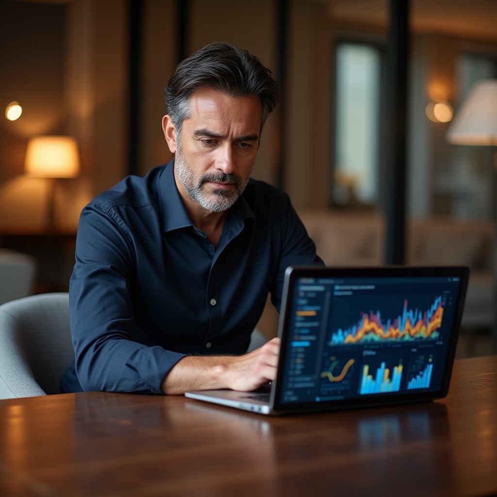 Imprenditore italiano che guarda la dashboard di Google Analytics 4 su laptop